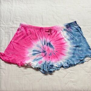 Flirty and Feminine Y2K Neon Pink Blue Tie Dye Ruffle Edge Lounge Shorts XL NWOT